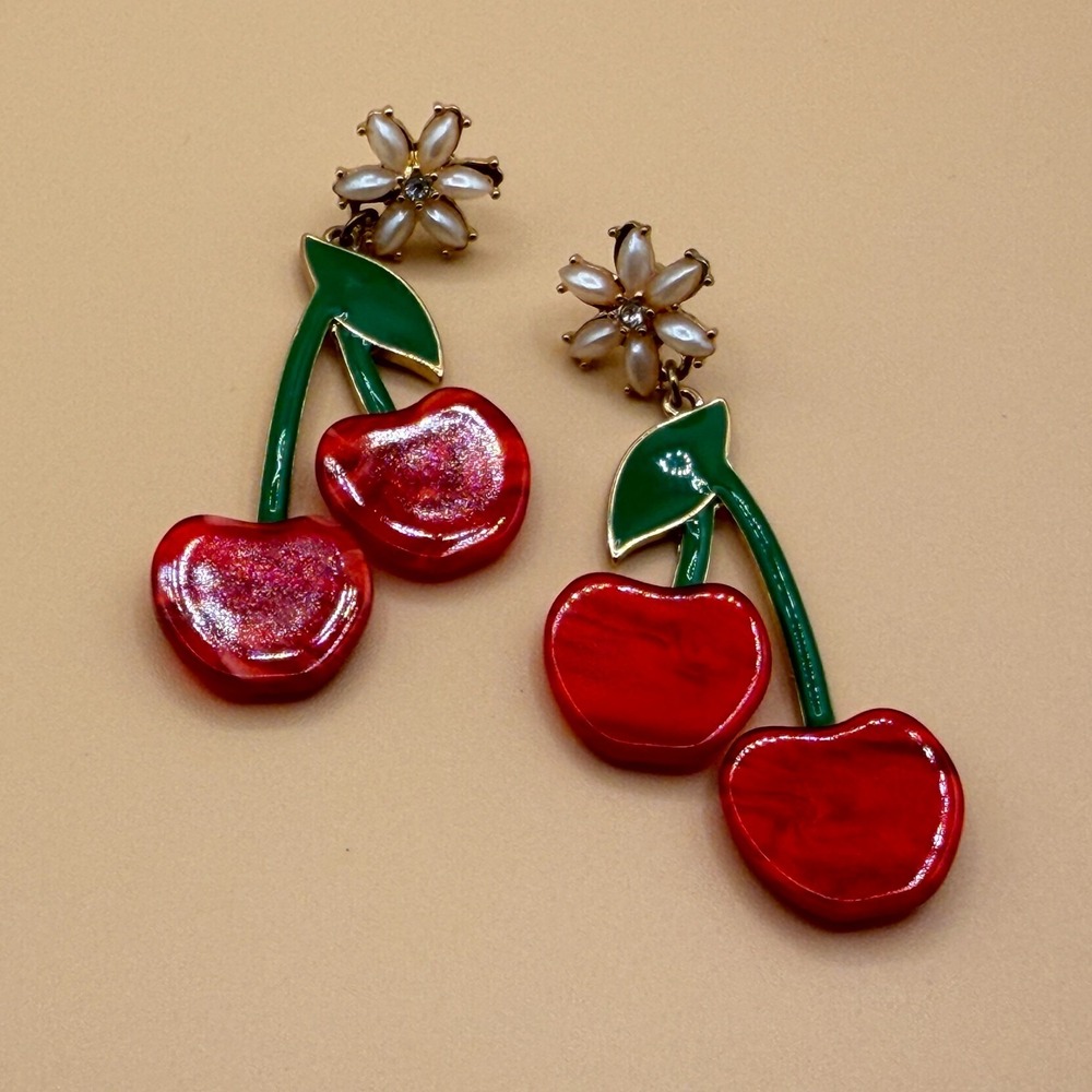 Red Cherry Dangle Earrings Pearl Flower Green Enamel Coquette Statement Gift - Picture 7 of 15